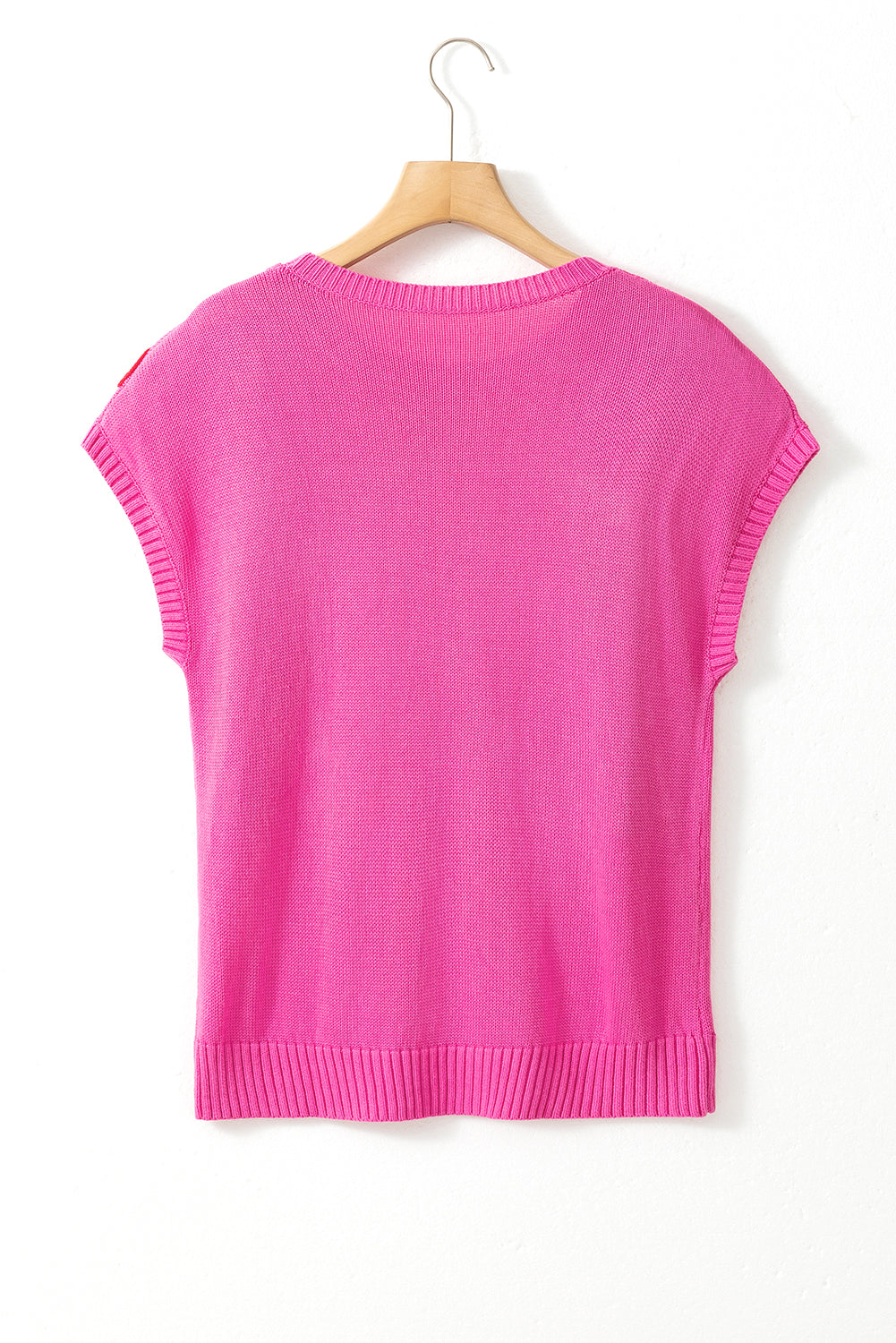 Bright Pink Corded Flower Embroidery Short Sleeve Knitwear Top