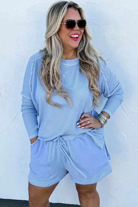 Plus Size Light Blue Ribbed Long Sleeve Top and Drawstring Shorts Set