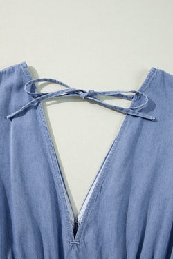 Myosotis - Robe longue en chambray à col en V profond et manches bracelet