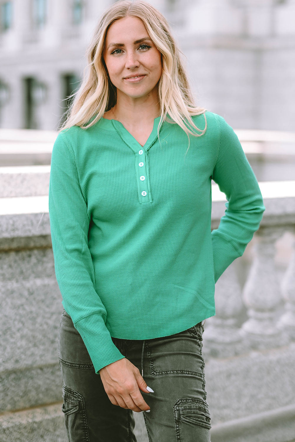 Green Waffle Knit Henley Top with Bound Neckline