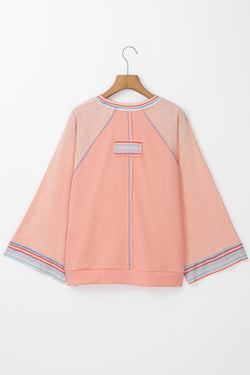 Grapefruit Orange Waffle Knit Raglan Top with Wide Sleeves and Patchwork