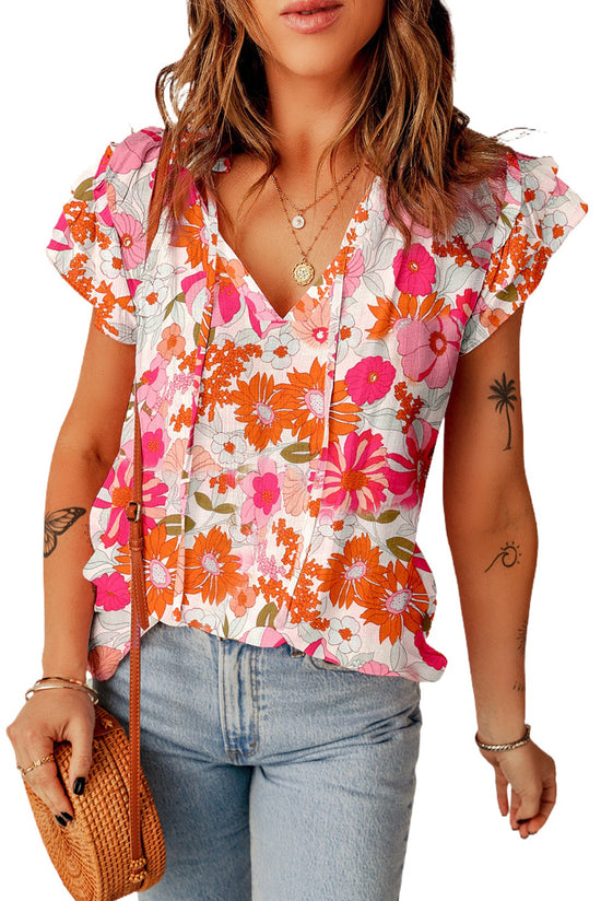 Multicolor floral blouse split in V -neck and ruffle sleeves