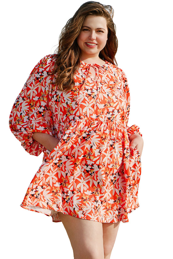 Mid-length orange dress with floral print, large size *