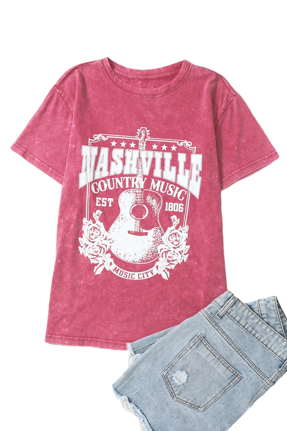 Feuriger Red Nashville Music City Grafikmineral gewaschener T -Shirt