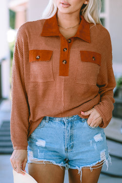 Brown waffle knit long sleeve top with buttons and contrast trim