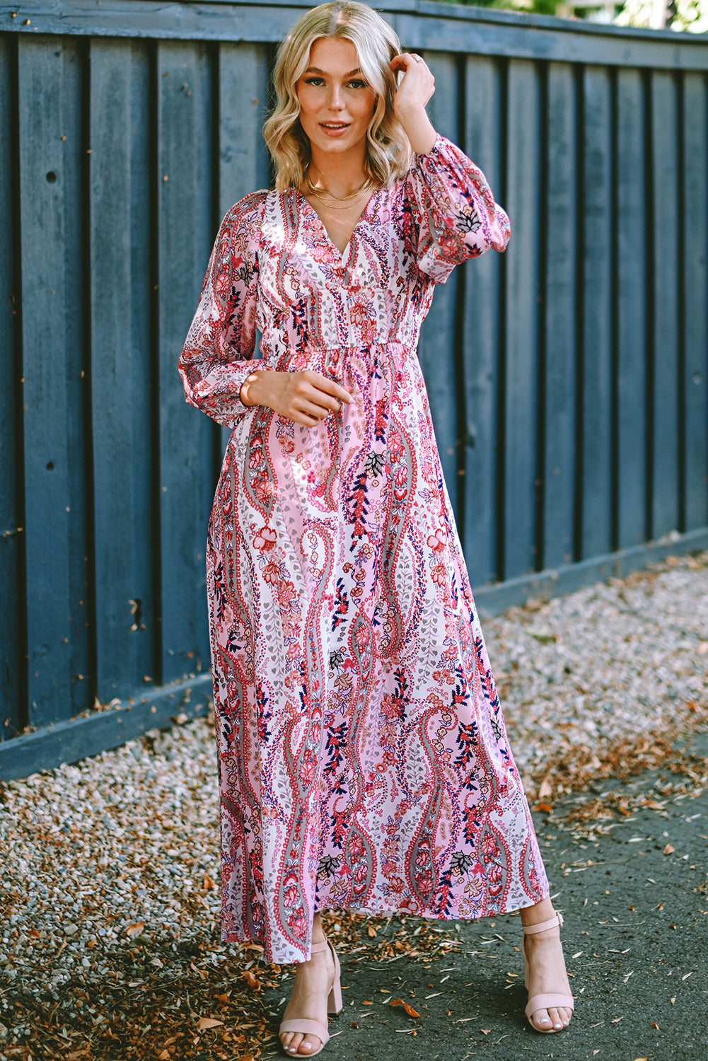 Multicolour boho paisley imprimer V couche-cou empire taille maxi robe