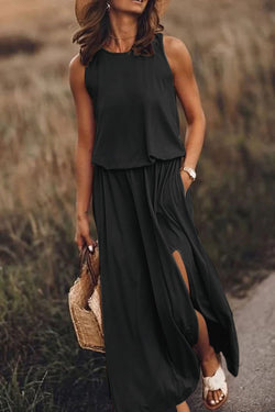 Solid black sleeveless long tunic dress with slit