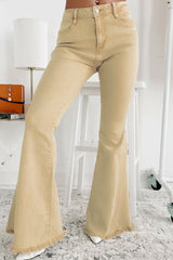 Khaki flared jeans with raw edges, medium size