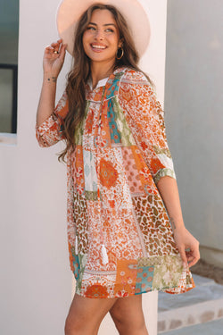 Orange Paisley Bohemian Style Mixed Print 3/4 Sleeve Loose Chiffon Dress