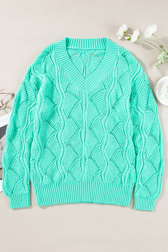 Green Pull Mint en Openwork Knit en V * Collar