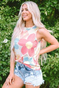 Sleeveless round neck top with pink floral print