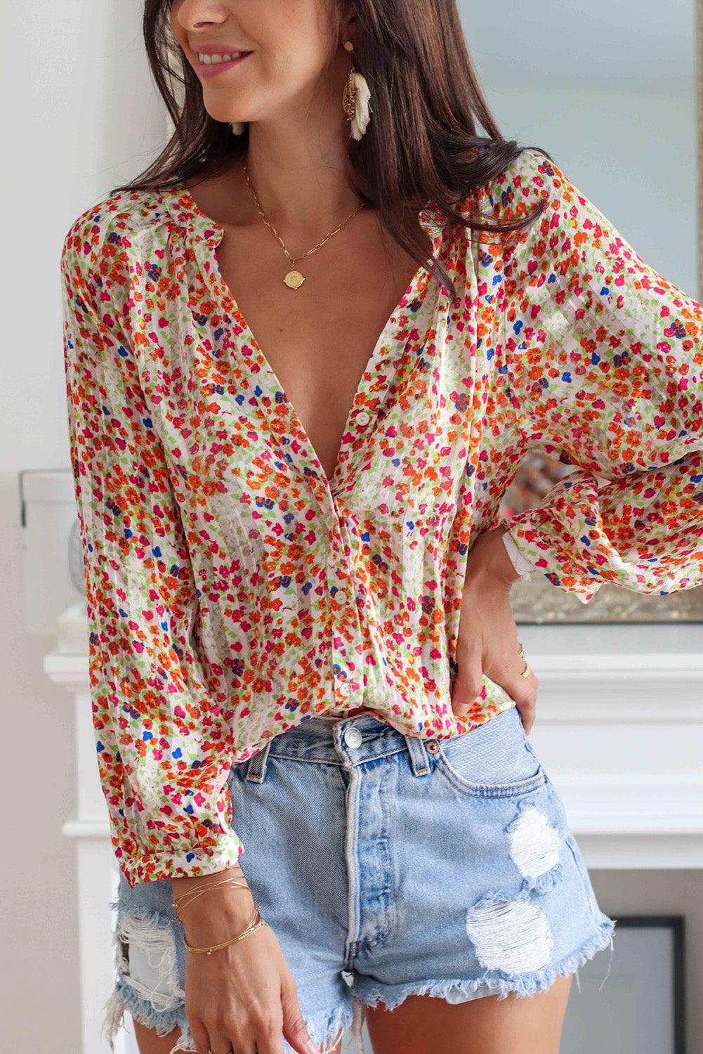 Multicolore Boho Floral Print Button Front Shirt