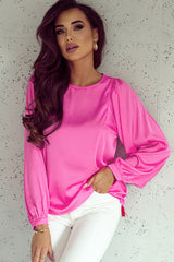 Chemisier rose à col rond et manches longues bouffantes en satin-A WOMAN WE LOVE