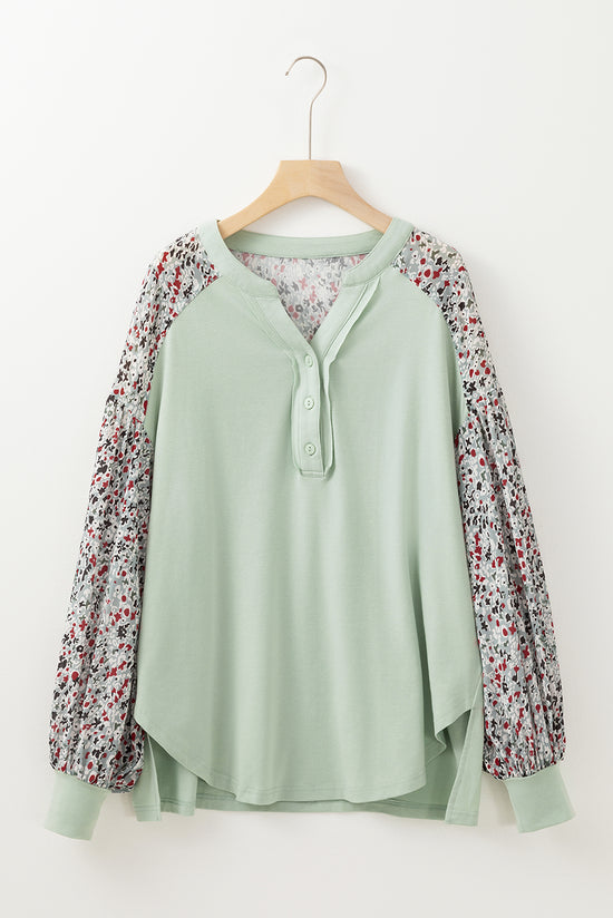 Meadow Mist Green Contrast Print Bubble Sleeve Loose Henley Top with Slits