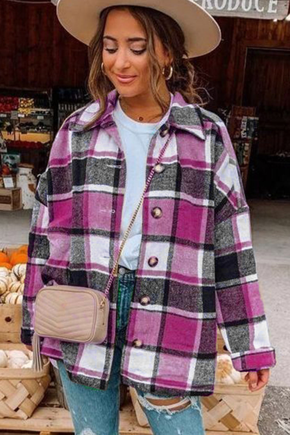 Rose Plaid Druckknopf Hemdjacke