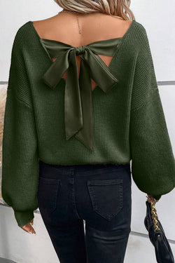 Jungle green sweater with lantern sleeves, V-neck, knot at the back