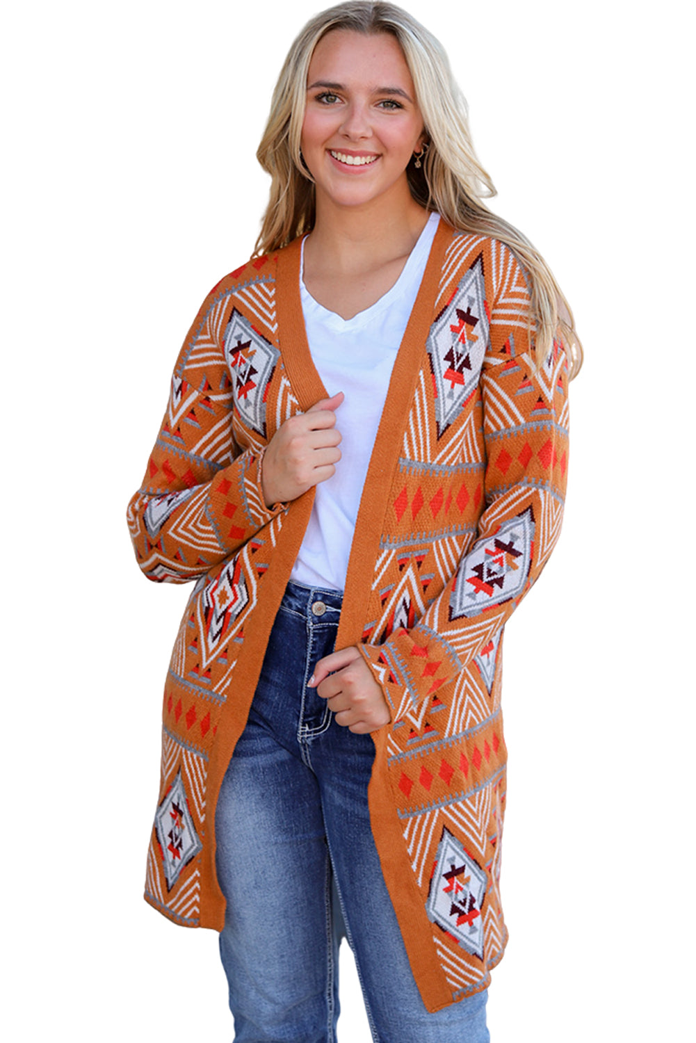 Brown Aztec Geometric Knit Open Front Cardigan