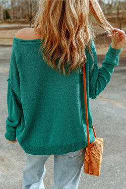 Pull en tricot côtelé à épaules dénudées de couleur unie vert avec poche