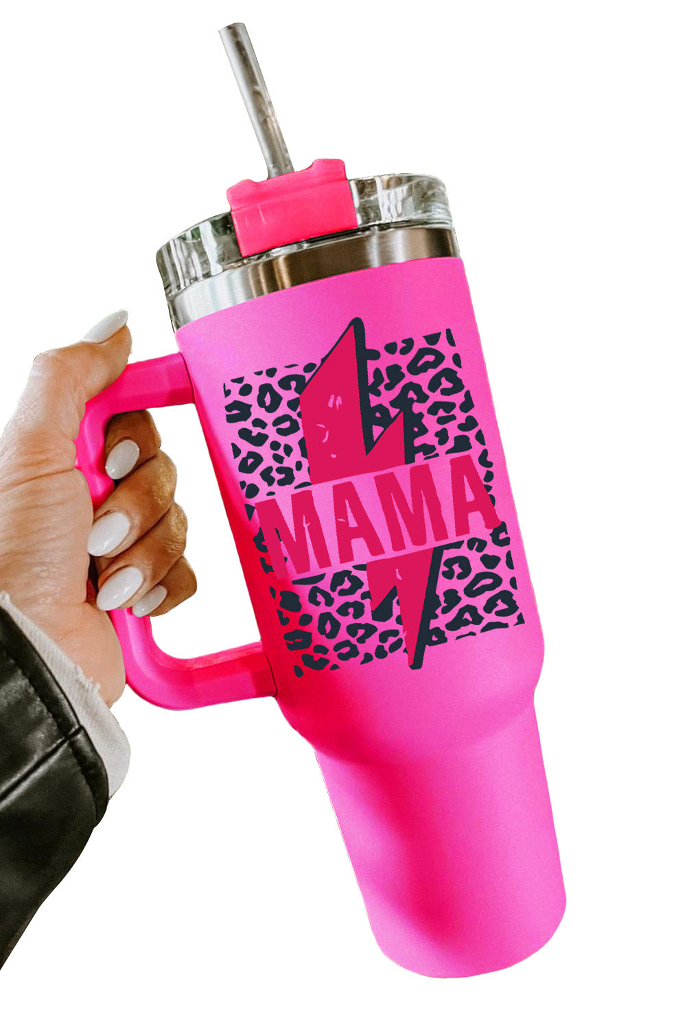 Rose Mama Lightning Leopard Print Straw Tasse isolante en acier inoxydable 40oz