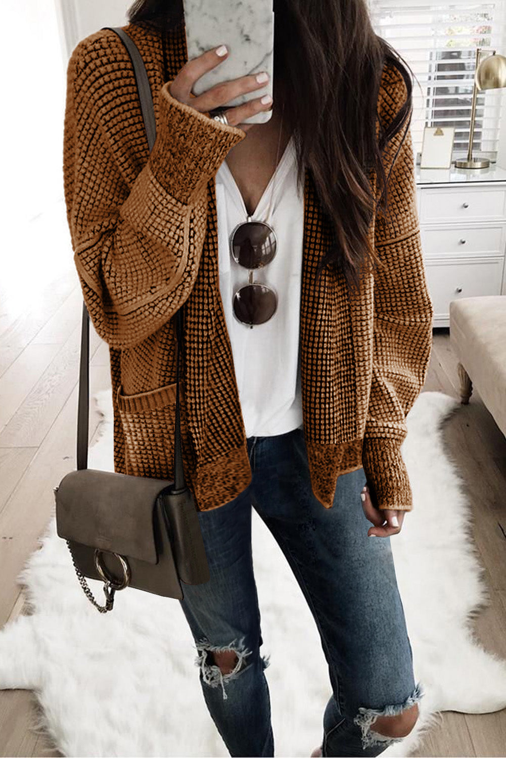 Brown cardigan with oversized collar in chunky waffle knit