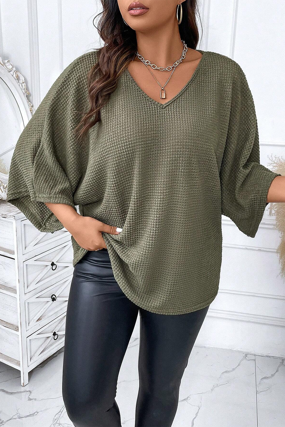 Giungla verde plus size a V Neck a te strutturato in maglia Dolman