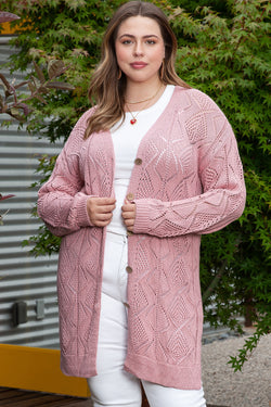 Cardigan boutonné en tricot ouvert rose grande taille