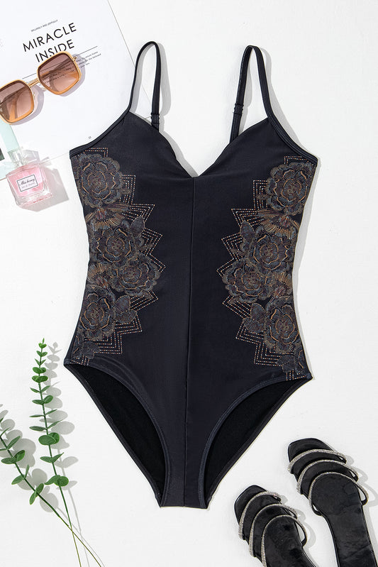 Black Petal Print Crisscross Back Spaghetti Stracles de maillot de bain