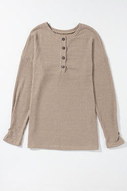 Pale Khaki Ribbed Textured Henley Knit Top