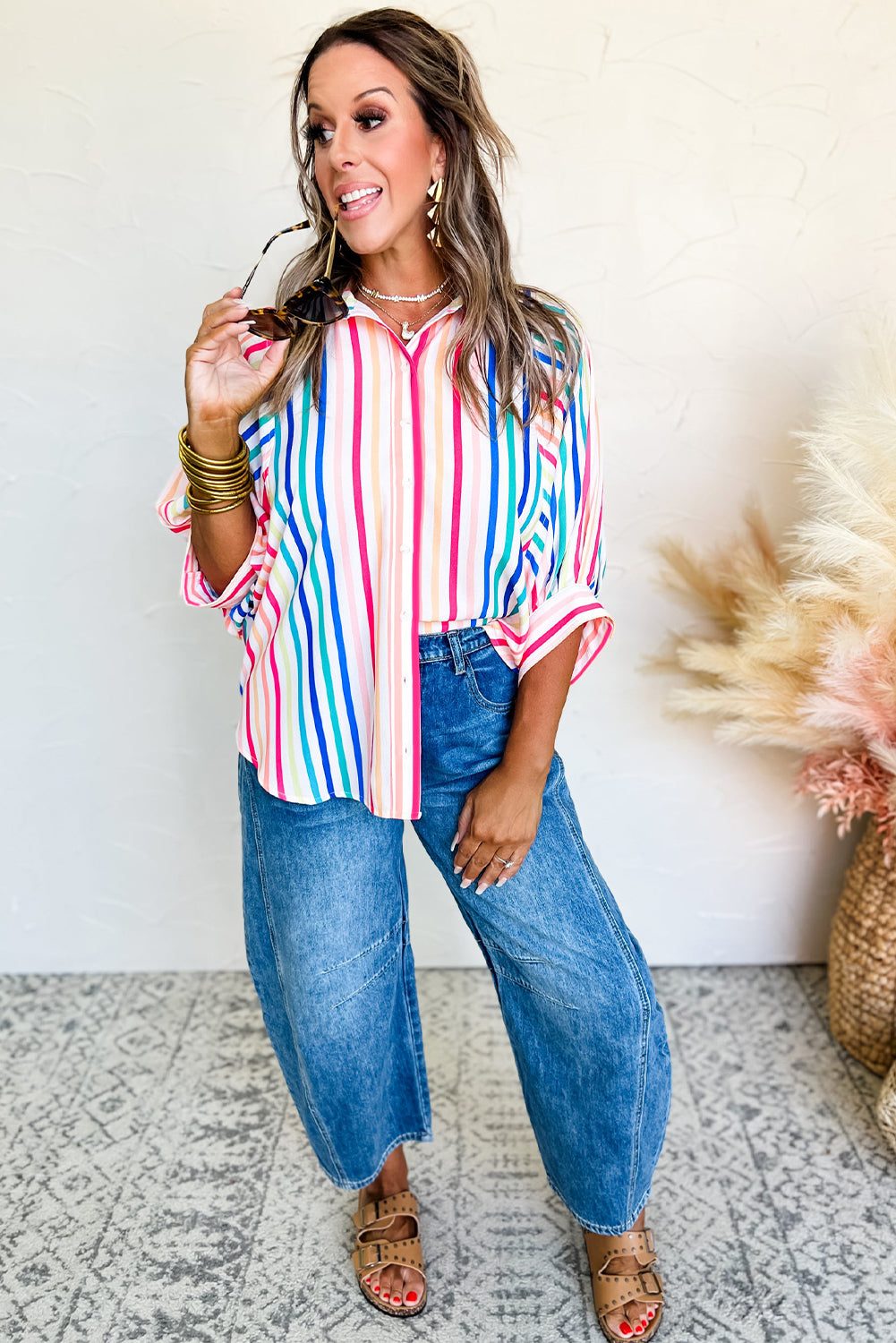 Chemise décontractée boutonnée à manches 3/4 à rayures roses-A WOMAN WE LOVE