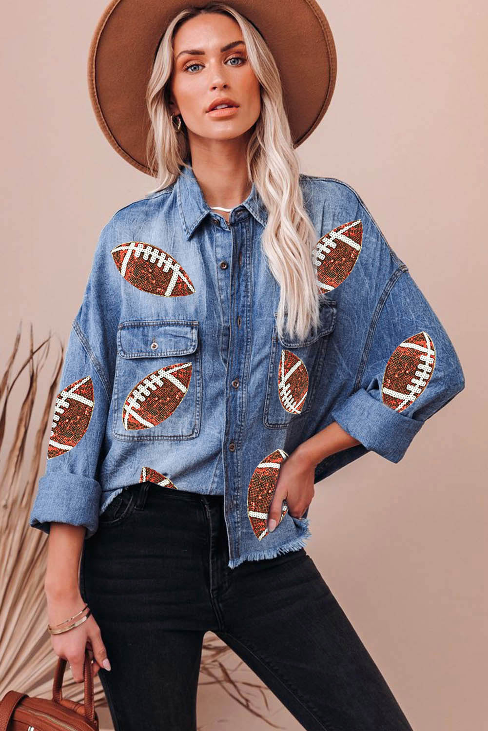 Sky Blue Sequin Denim Jacket with Flap Pockets and Raw Hem for Game Day