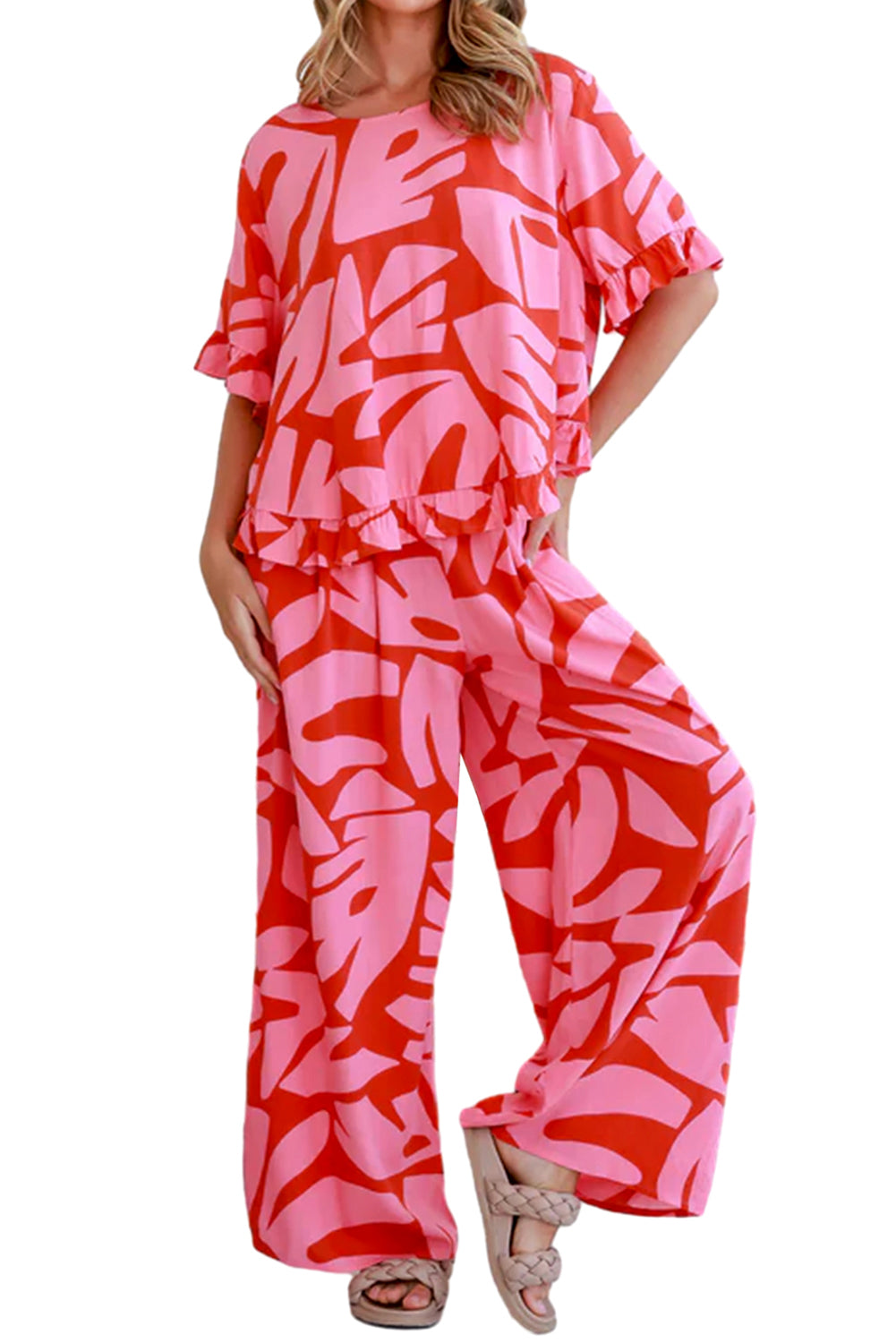 Strawberry Pink Abstract Palm Printed Ruffled Top and Wide Leg Pants Set