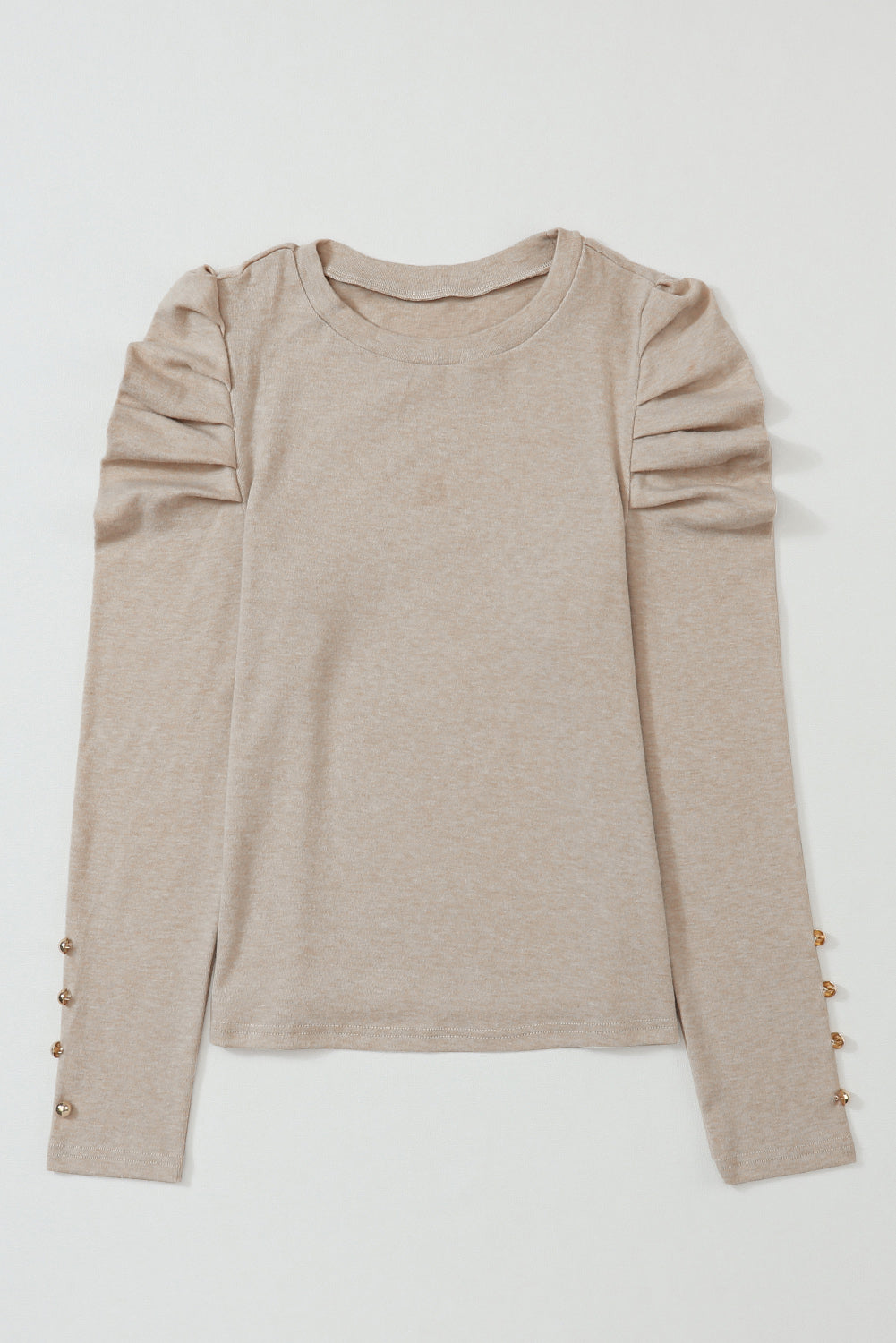 Khaki buttoned sheath top with long puff sleeves