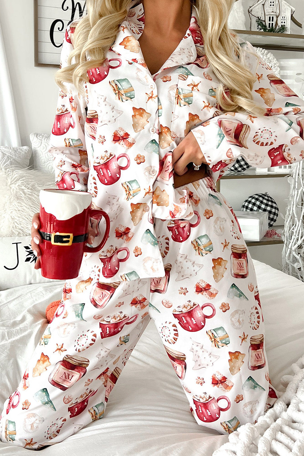 Ensemble pyjama chemise à manches longues et pantalon à motif de Noël blanc-A WOMAN WE LOVE