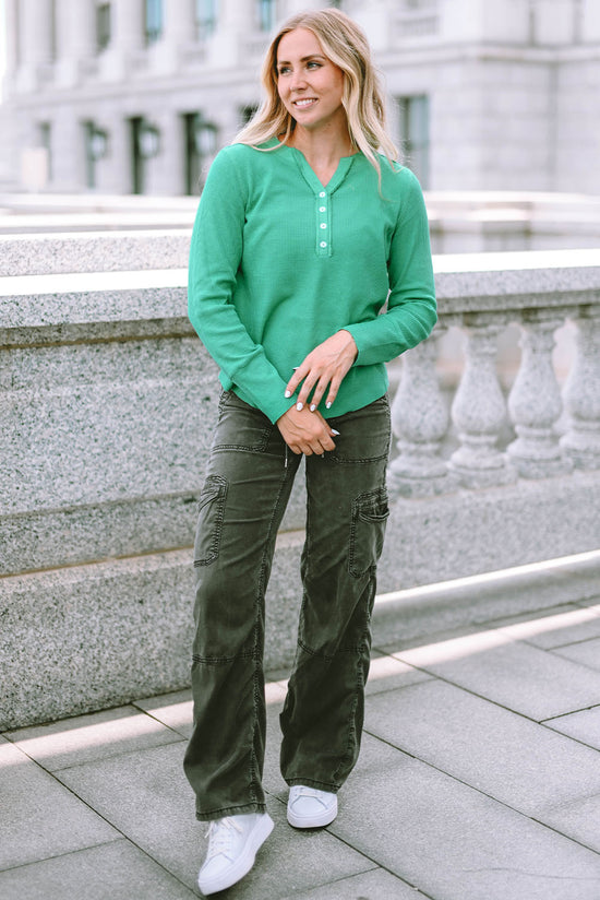 Green Waffle Knit Henley Top with Bound Neckline