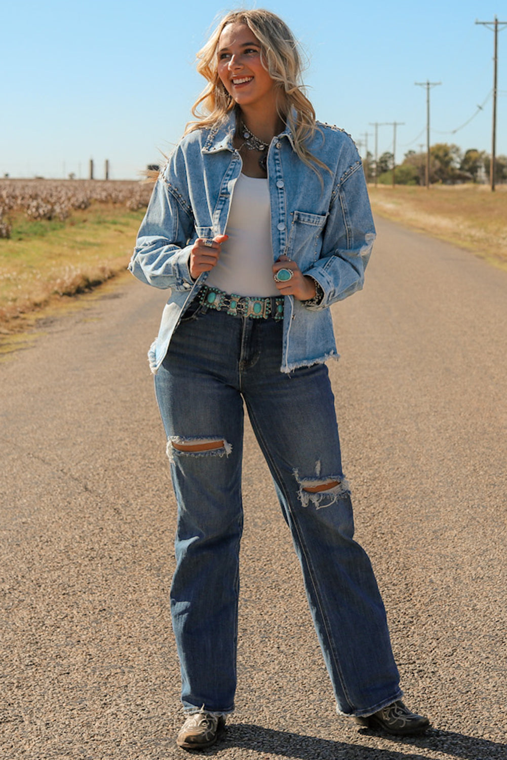 Veste en jean de lavage à acide clouté bleu ciel