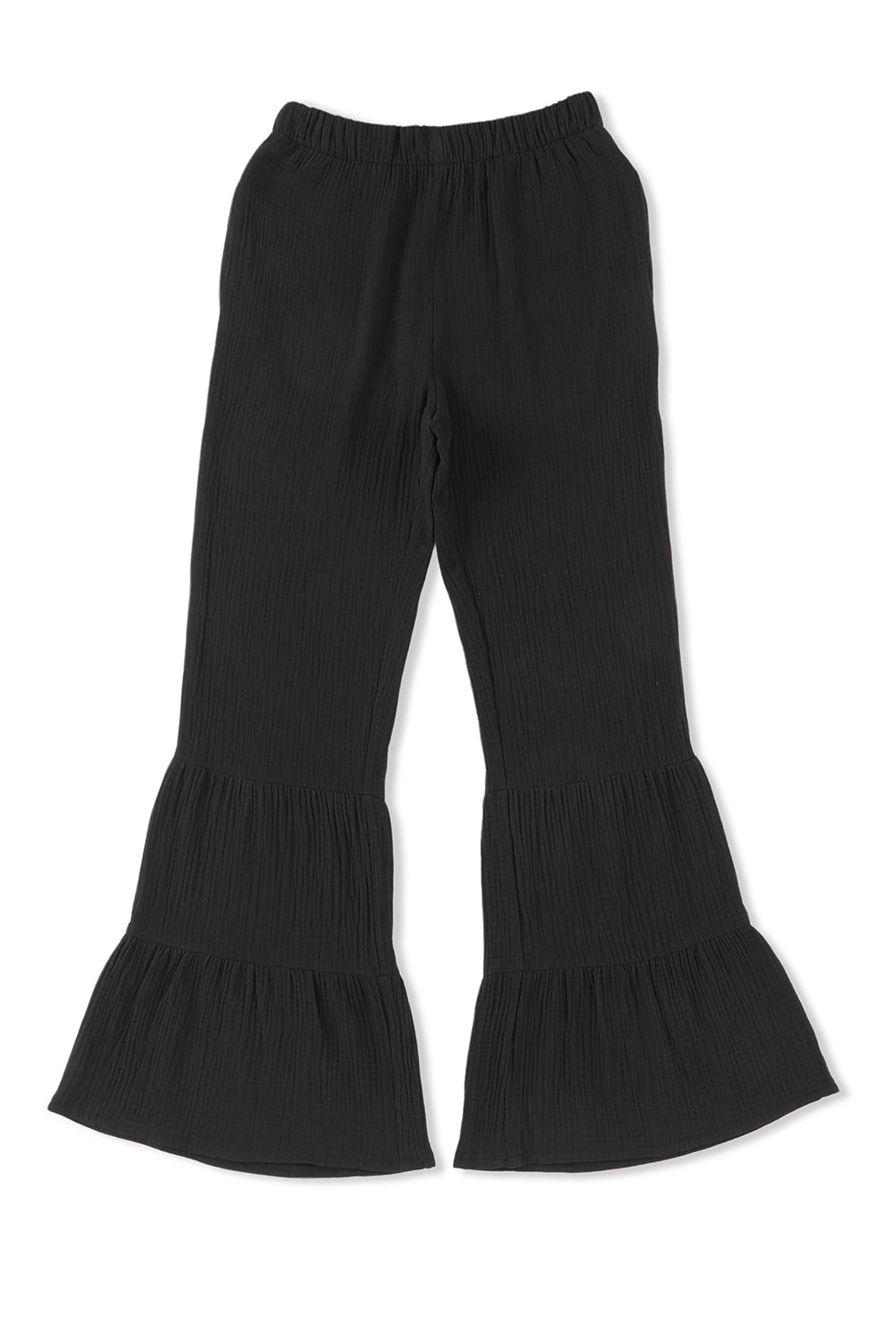 Black textured high waisted ruffle bell bottom pants