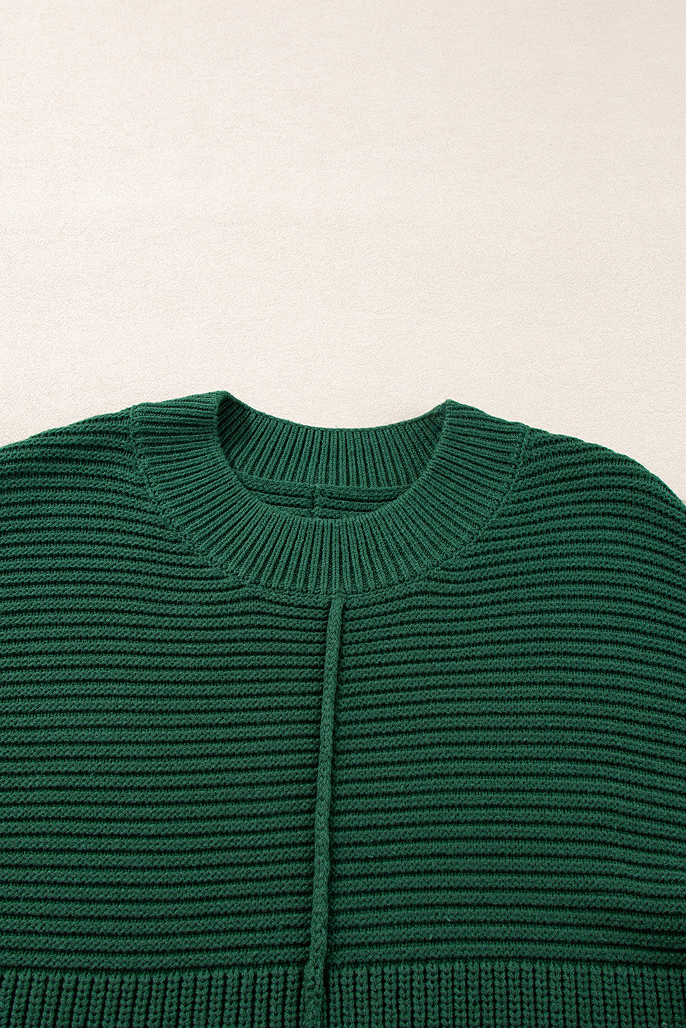 Blackish Green Textured Knit Round Neck Lantern Sleeve Sweater