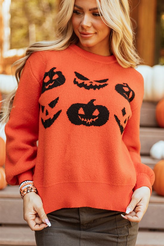 Orange Drop Shoulder Sweater with Halloween Pumpkin Face Pattern