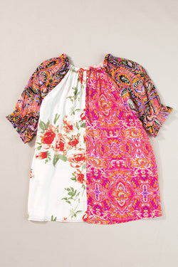 Multicolored blouse with short sleeves buttoned in bohemian floral patchwork