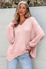 Ample blouse embossed with V -collar and long sleeves with Light pink falling shoulders