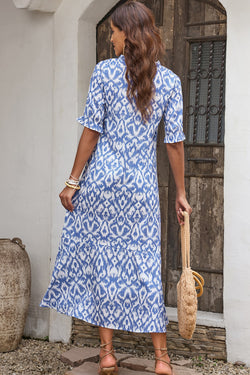 Long relaxed dress with geometric sky blue print with v -neck collar