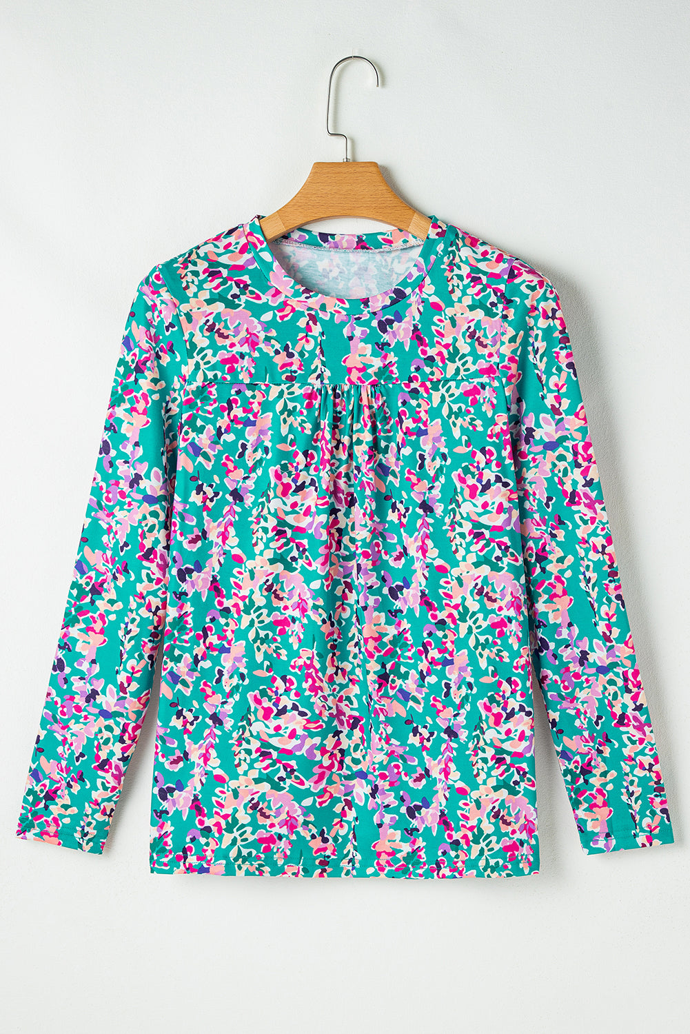 Chemisier plissé à fleurs à col rond et manches longues vert-A WOMAN WE LOVE