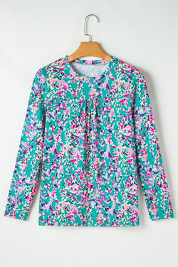 Ploted blouse with round -neck flowers and long green sleeves