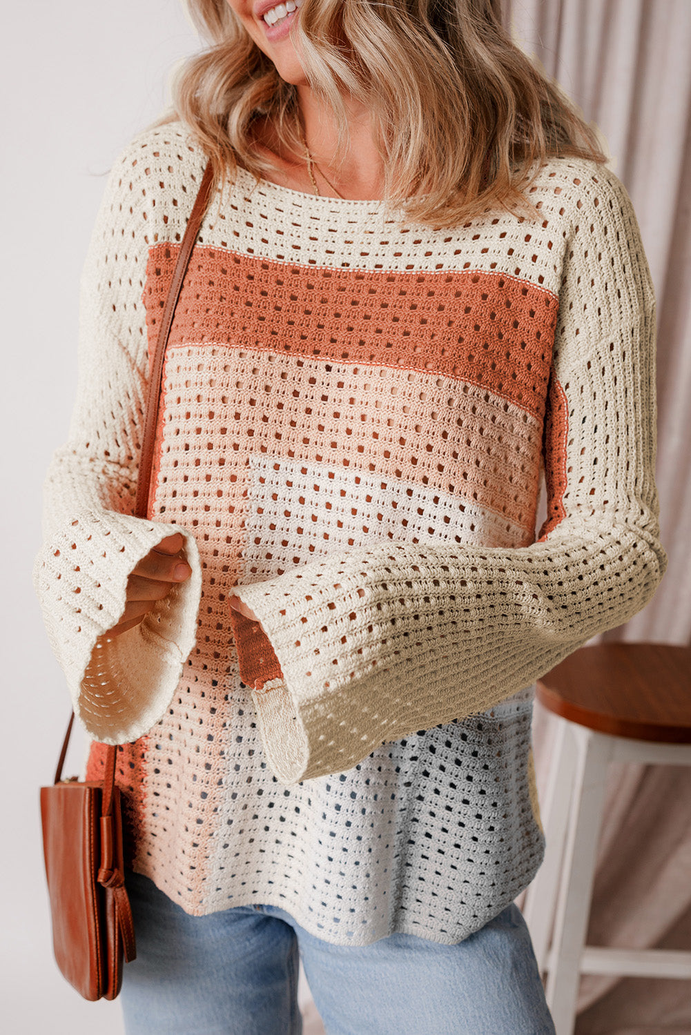 Apricot Pointelle Knit Colorblock Sweater Haggy