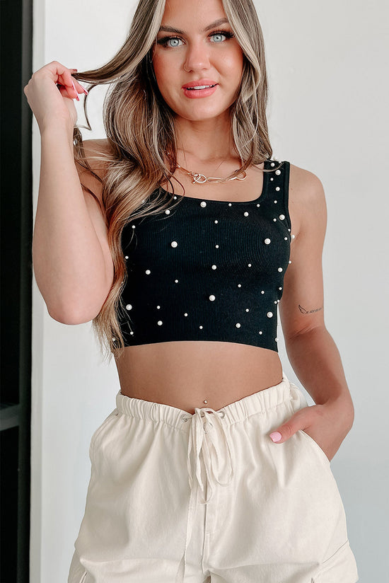 Sleeveless square neck crop top with black pearl decoration