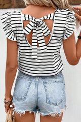 White t-shirt with stripes and butterfly sleeves, V-neck, hollow knot on the back