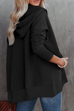 Black Henley Hoodie with Pockets and Batwing Sleeves