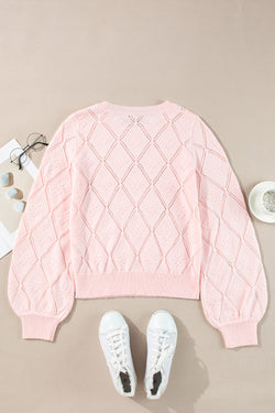 Gossamer Pink Openwork Plaid Puff Sleeve Cropped Sweater