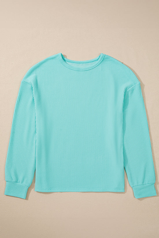 Aruba Blue Solid Color Wired Knit Crew Neck Top