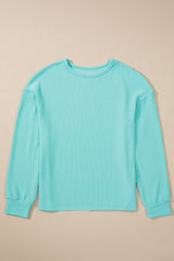 Aruba Blue Solid Color Wired Knit Crew Neck Top